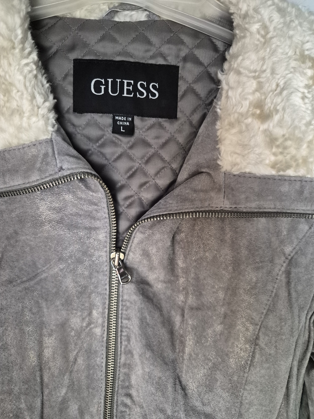GUESS Gray Faux-Suede Teddy Jacket with Cream Shearling Collar